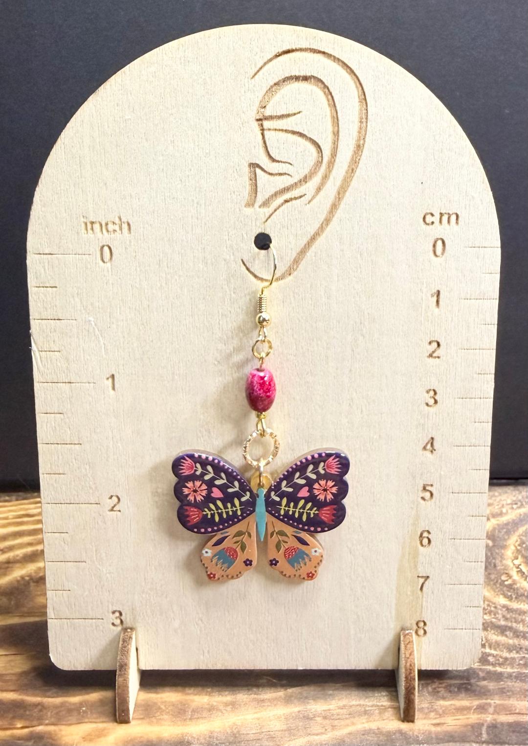 NEW Floral Boho Butterfly Charm Earrings w/ Oval Glass Beads