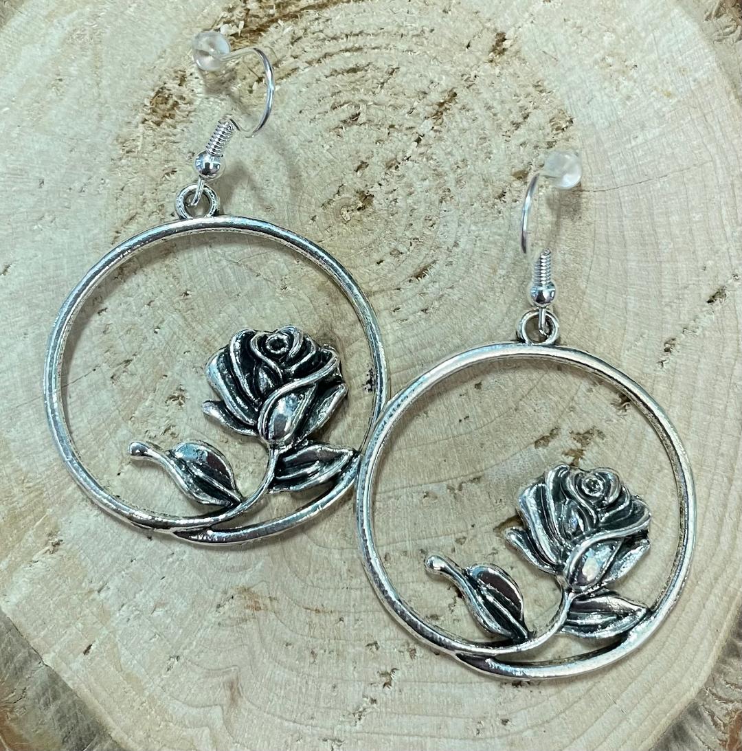 NEW Boho Silver Tone Hoop w/ Romantic Rose Earrings