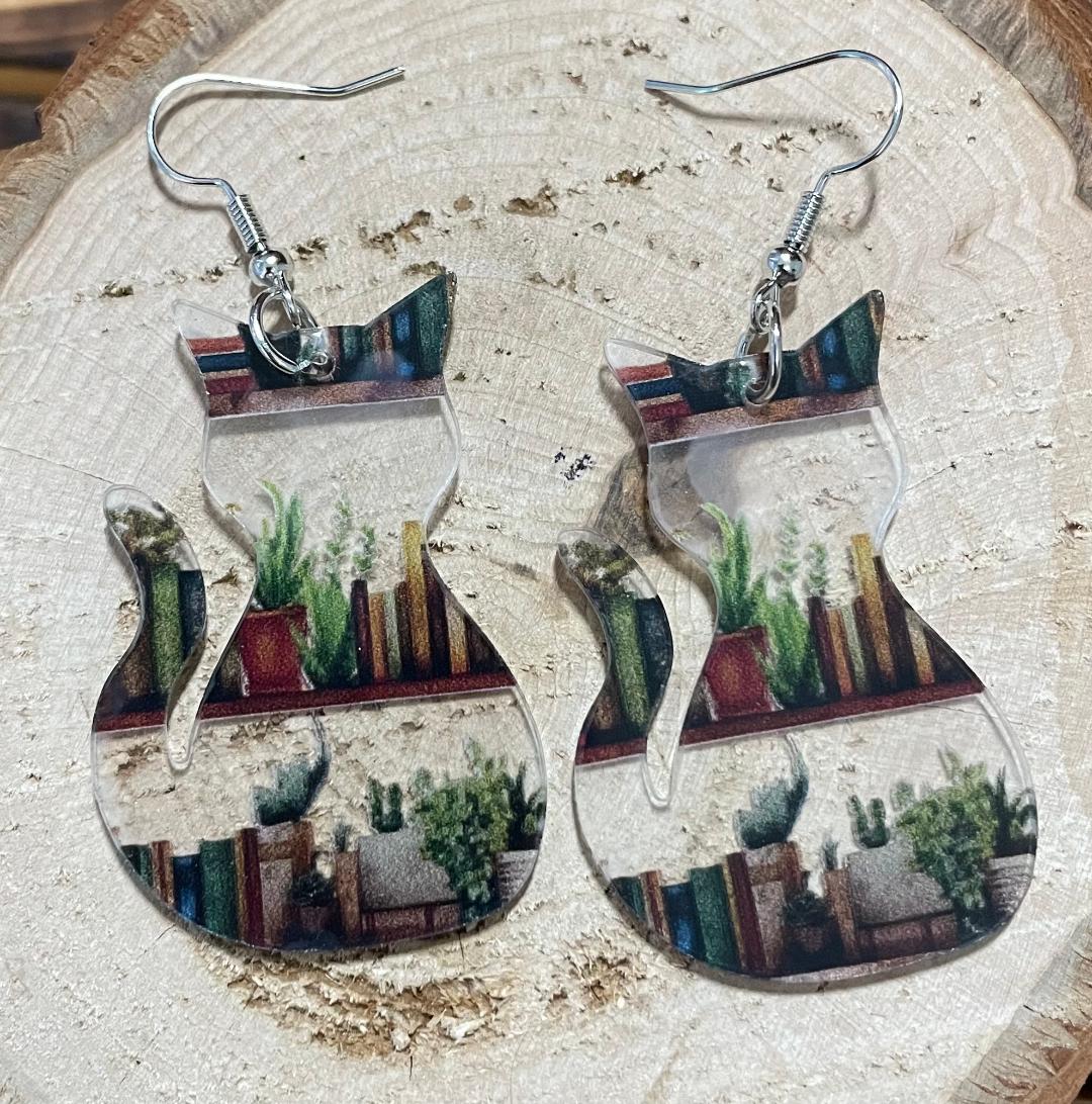 NEW Clear Acrylic Cat - Bookshelves & Plants Theme Earrings