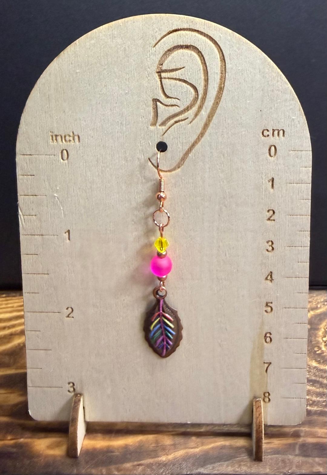 NEW Rainbow Leaf Copper Plated Earrings w/ Hot Pink Frosted & Yellow Glass Beads