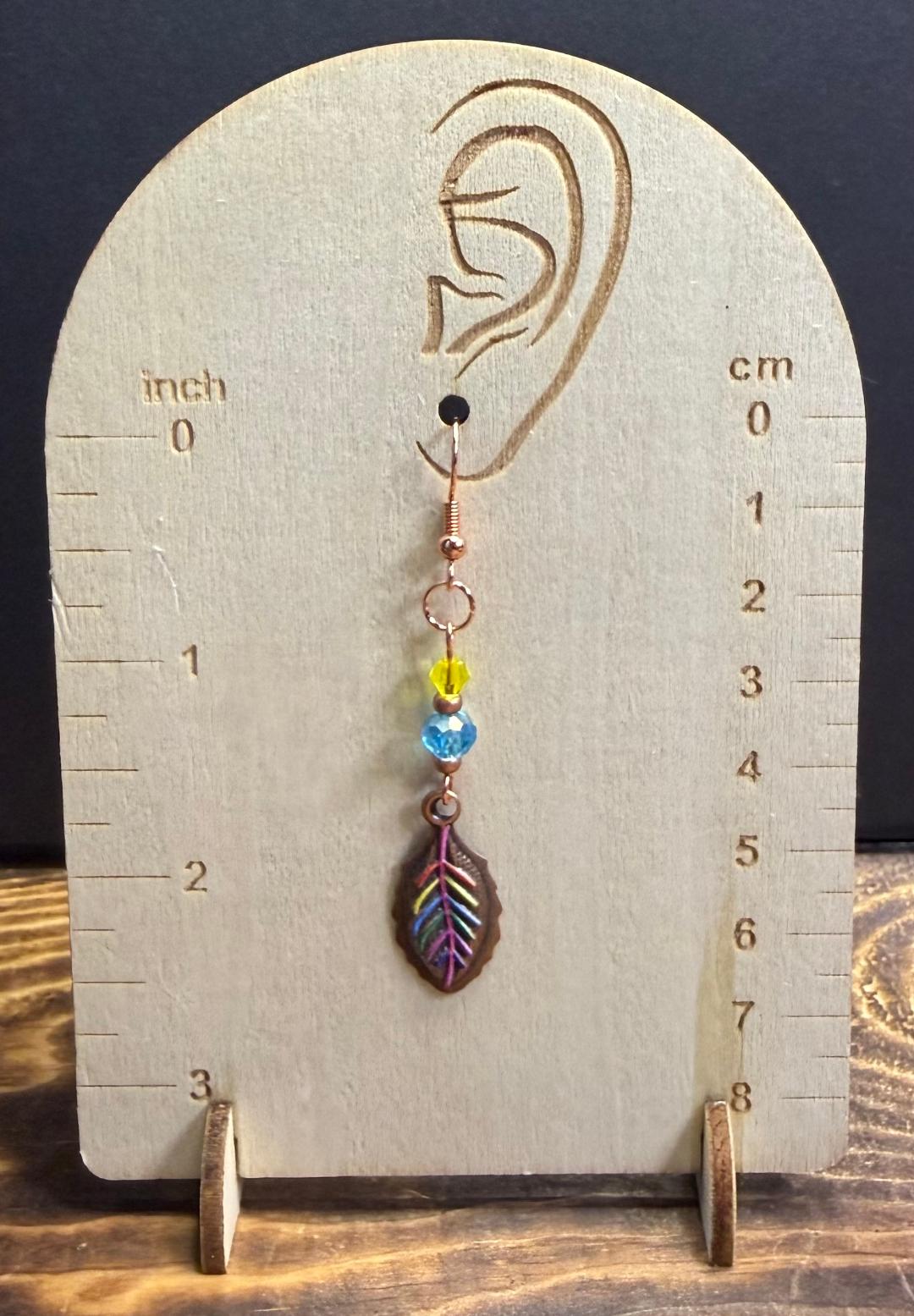 NEW Rainbow Leaf Copper Plated Earrings w/ Yellow & Teal Glass Beads
