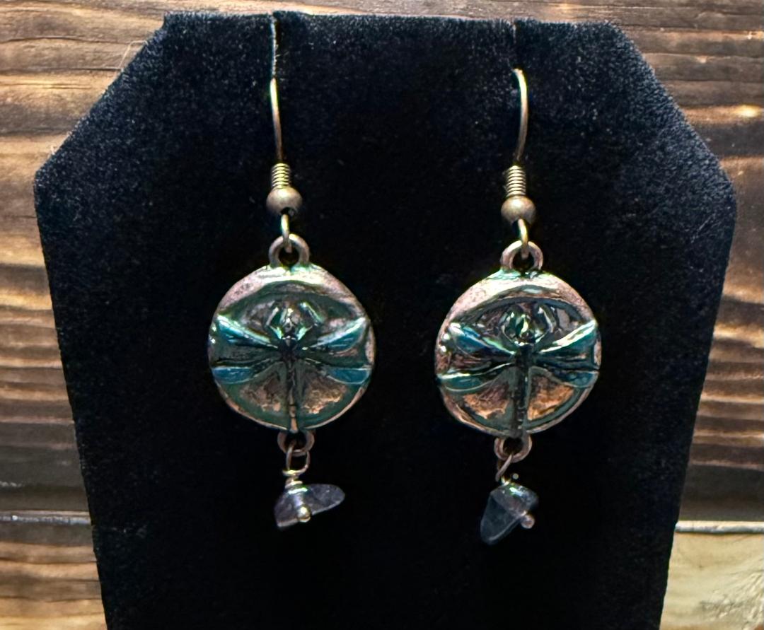 NEW Round Medallion Raised Dragonfly & Stone Earrings