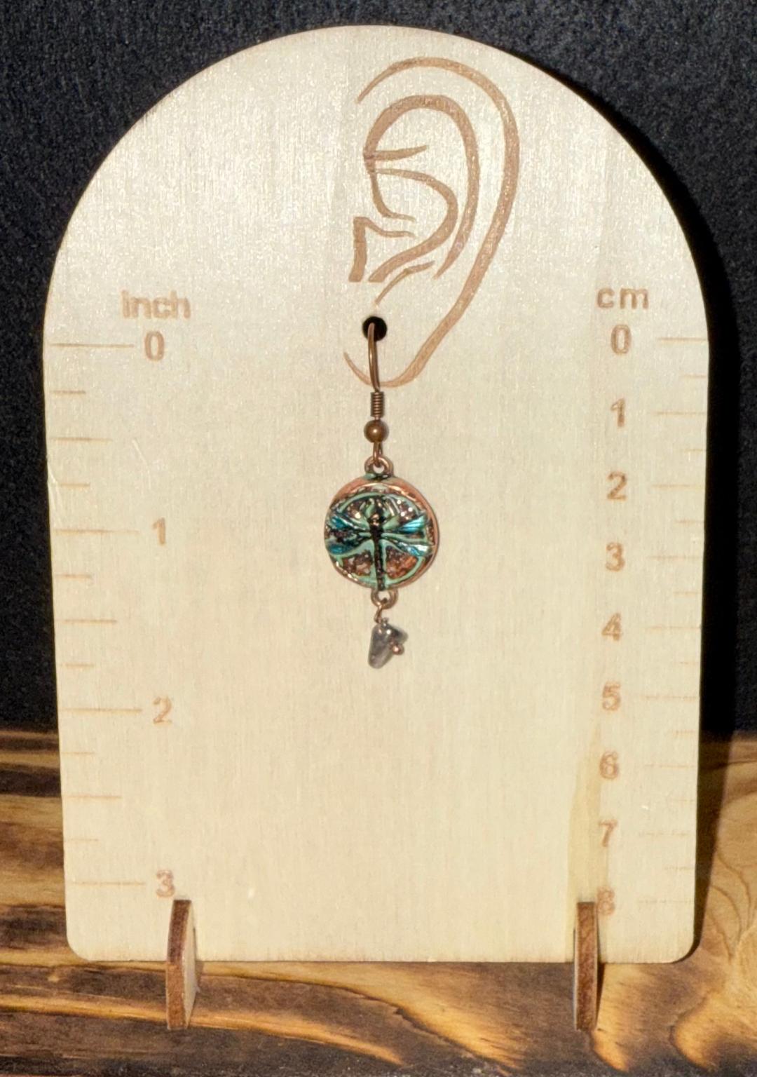 NEW Round Medallion Raised Dragonfly & Stone Earrings