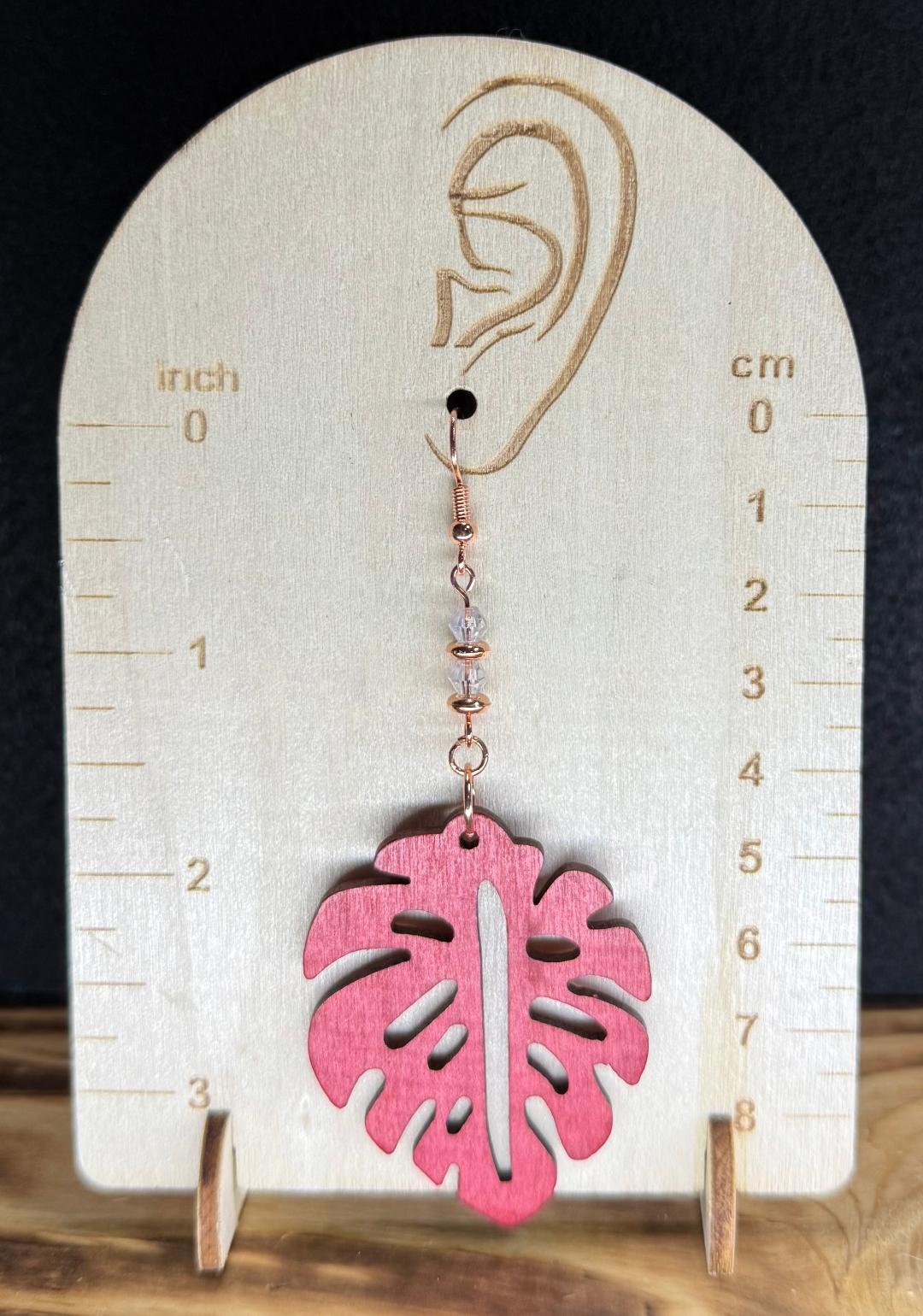 NEW Burgundy Wooden Monstera Leaf Earrings w/ Faceted Glass Beads
