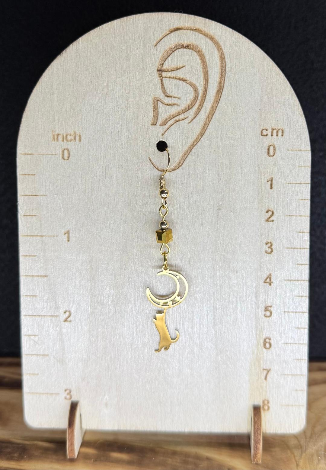 NEW Cat Swinging from the Moon Earrings w/ Glass Beads