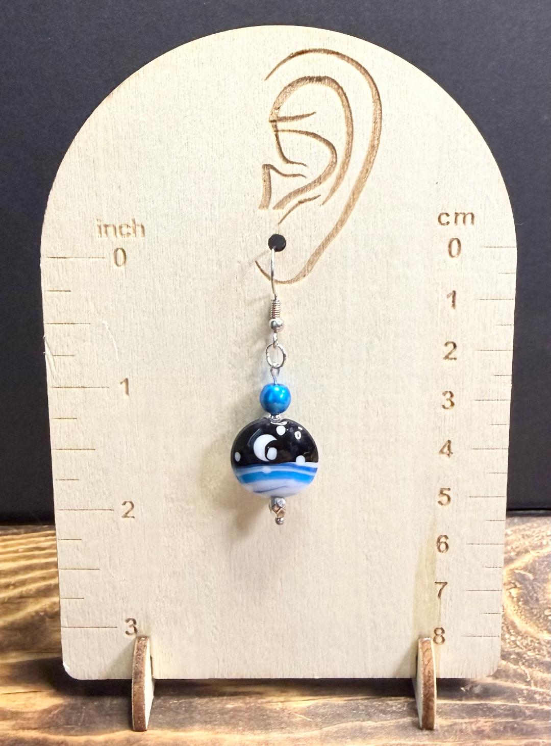 NEW Amazing Round Glass Celestial Moon Scene Earrings w/ Blue Glass Beads
