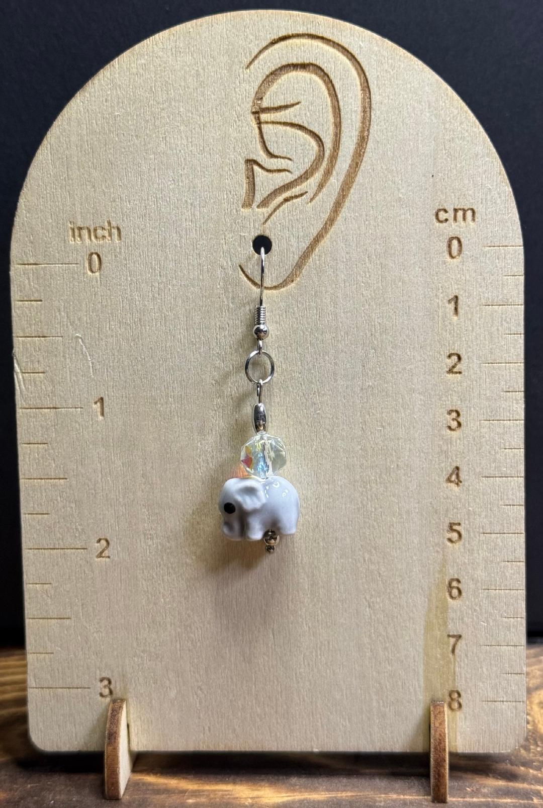 NEW Gray Ceramic Elephant Earrings w/ Iridescent Glass Beads