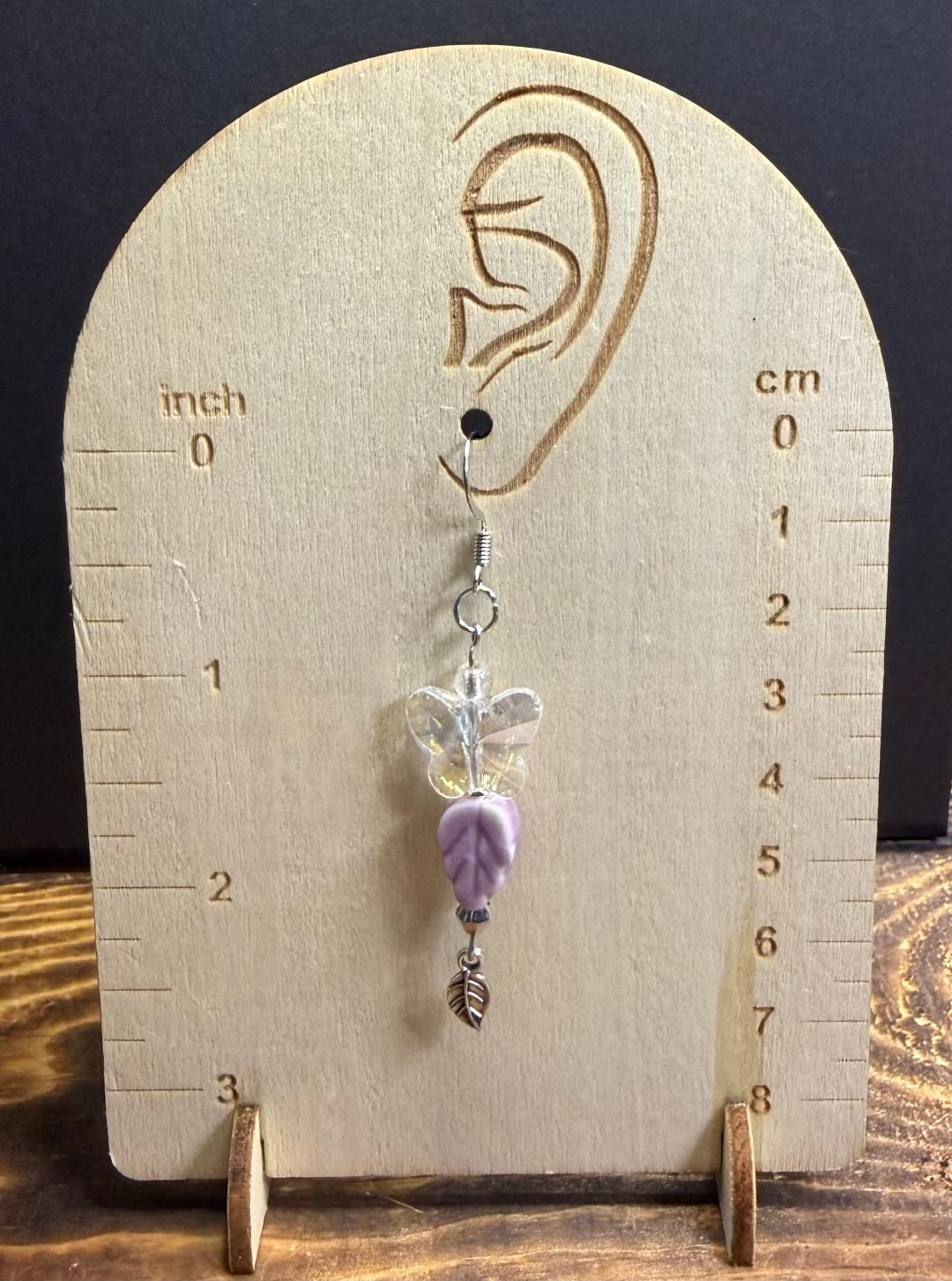 NEW Pink Ceramic Leaf Earrings w/ Iridescent Glass Hearts