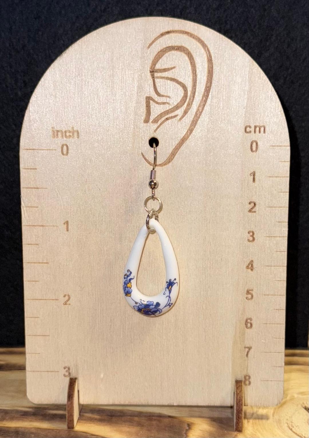 NEW White Teardrop Ceramic Earrings w/ Blue & Gold Floral Accents