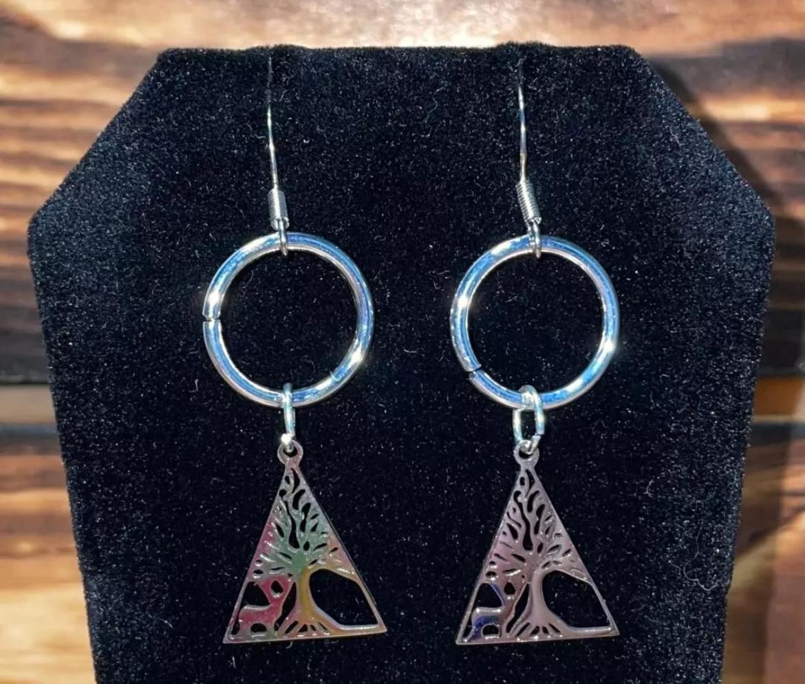 NEW Stainless Steel Triangular Nature Deer Forest Drop Earrings w/ Circle Ring