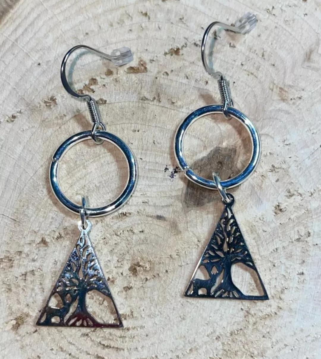 NEW Stainless Steel Triangular Nature Deer Forest Drop Earrings w/ Circle Ring