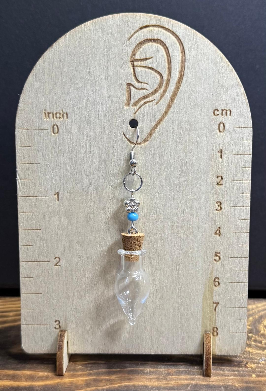 NEW Clear Glass Bottle Earrings w/ Flower & Blue Beads