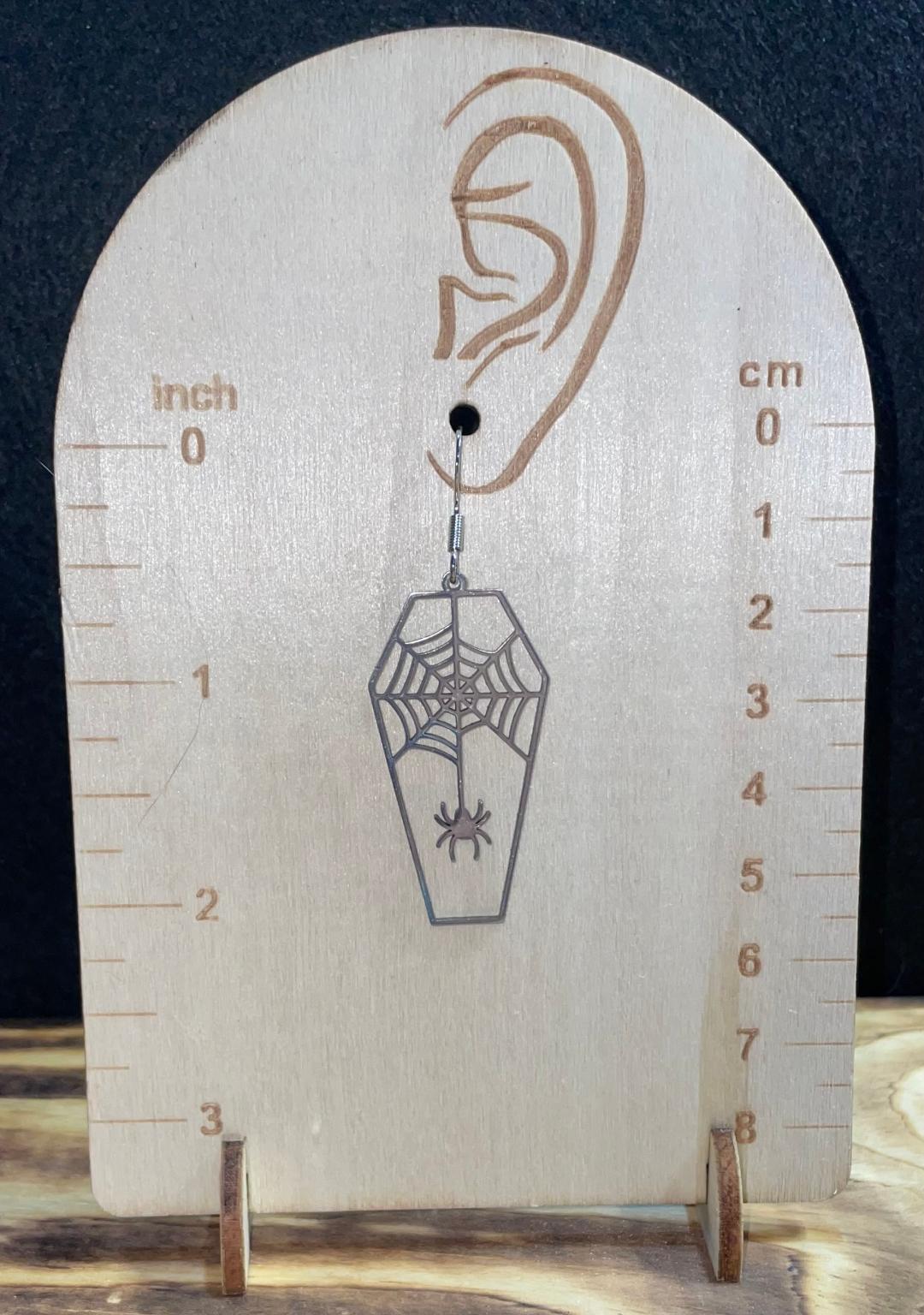 NEW Large Stainless Steel Coffin Spider & Web Earrings