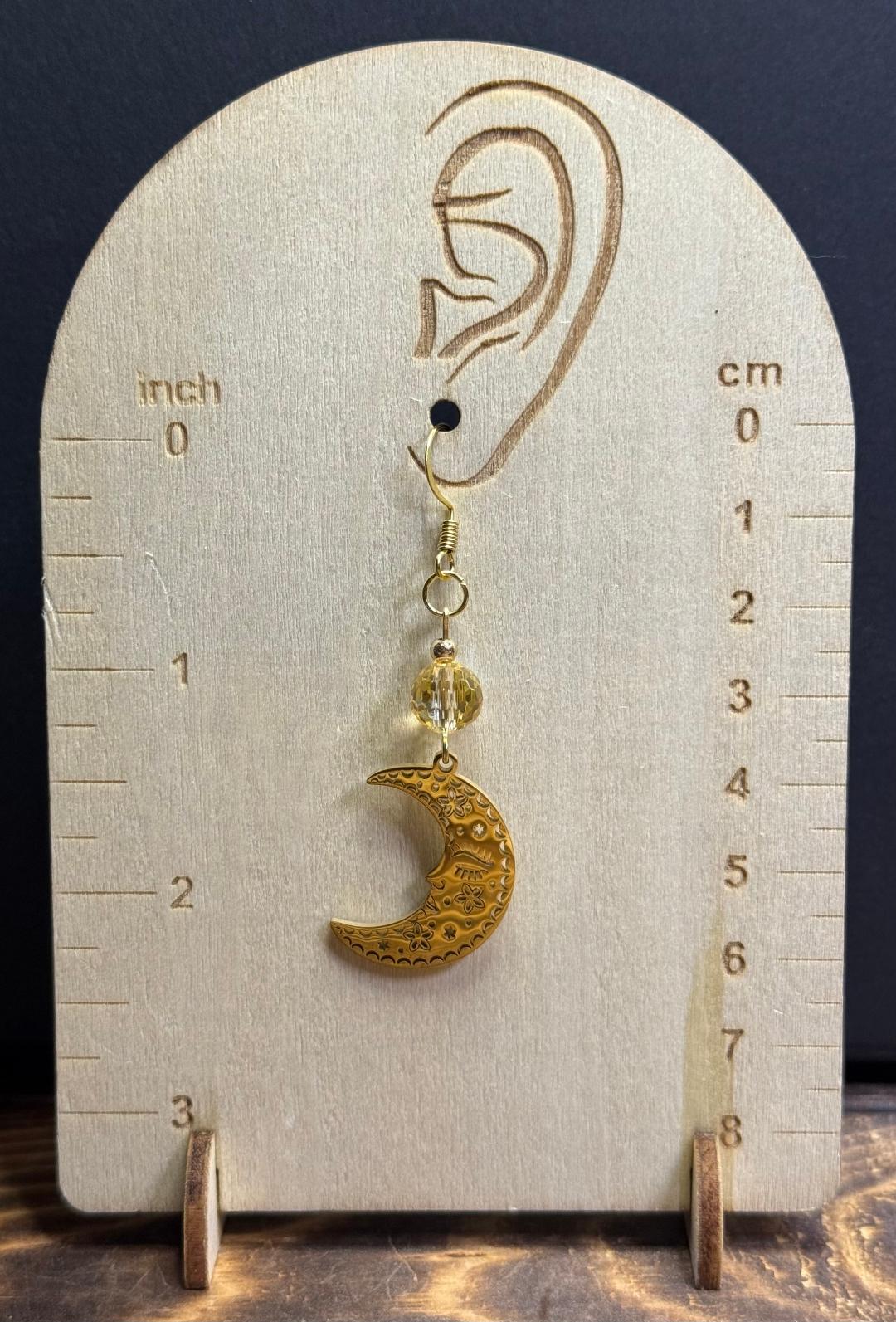 NEW Gold Stainless Steel Sleeping Crescent Moon Earrings w/ Faceted Glass Beads