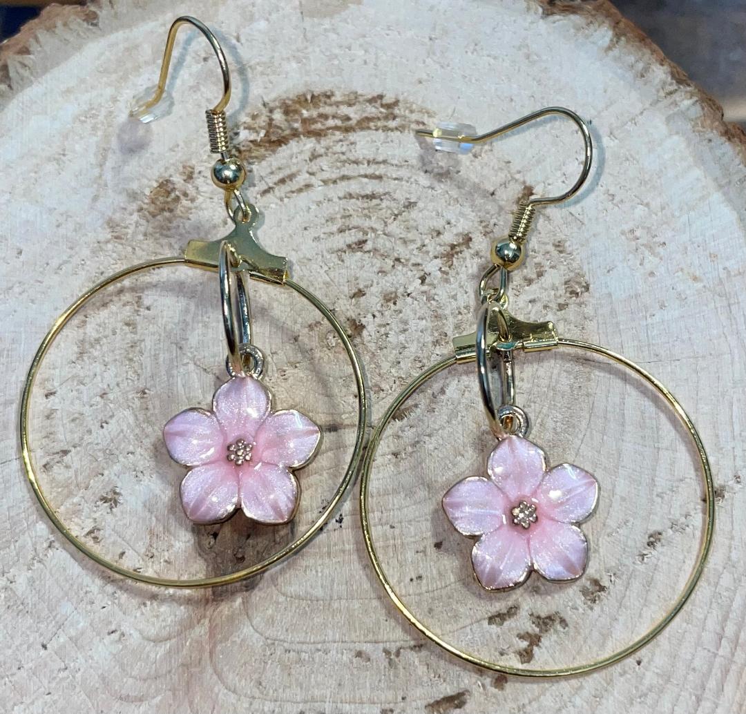 NEW Double Hoop Gold Tone Earrings w/ Pink Blossom Flower