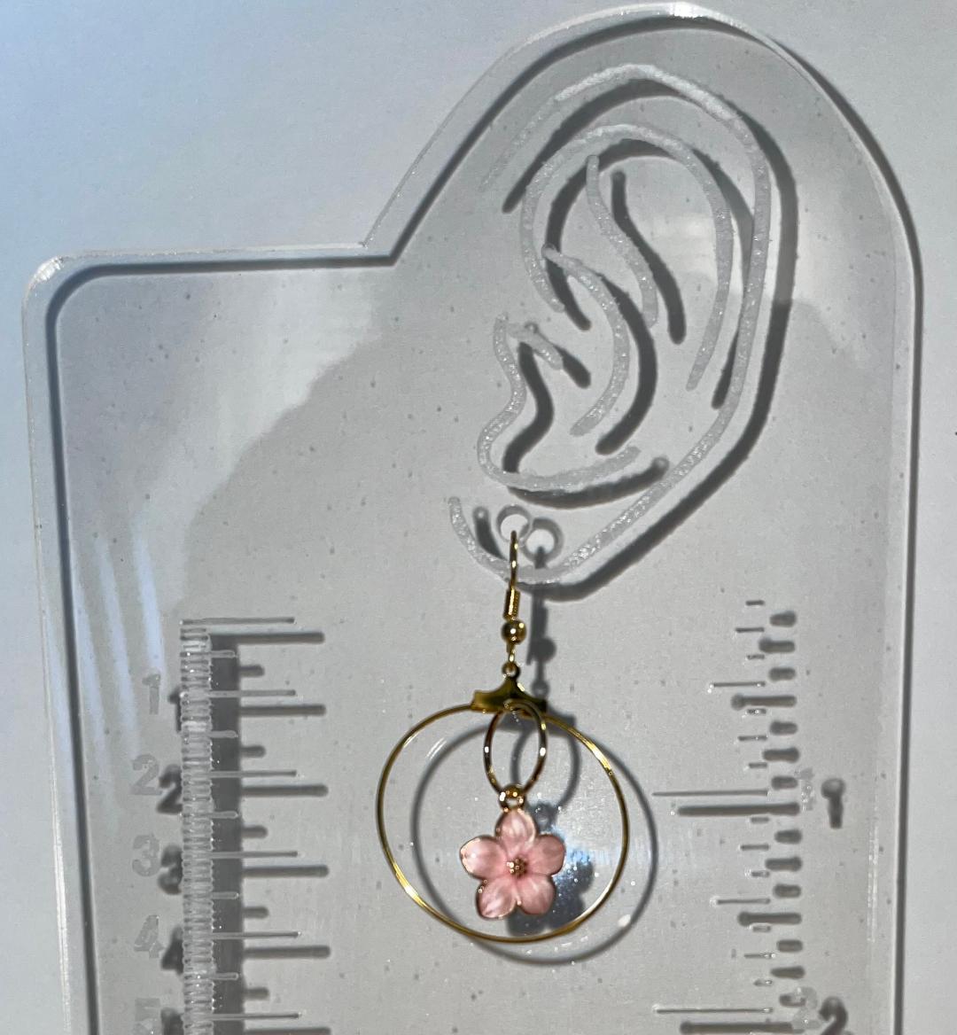 NEW Double Hoop Gold Tone Earrings w/ Pink Blossom Flower