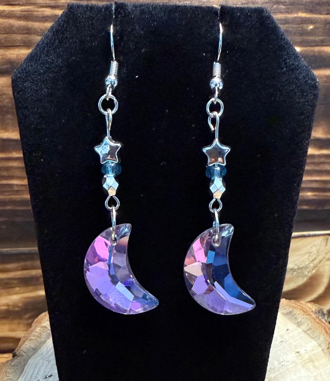 NEW Purple & Blue Iridescent Glass Moon Charm Earrings