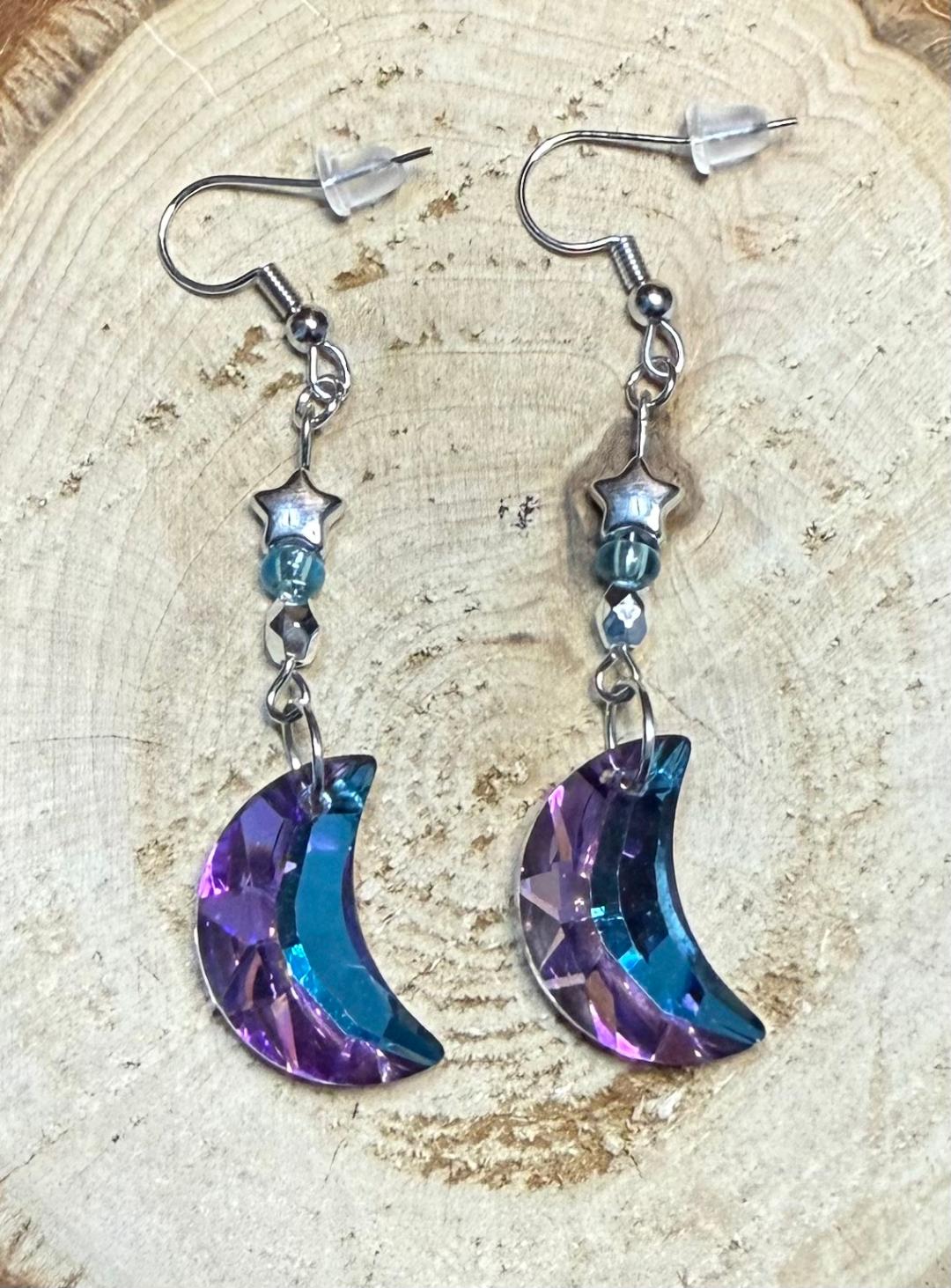 NEW Purple & Blue Iridescent Glass Moon Charm Earrings