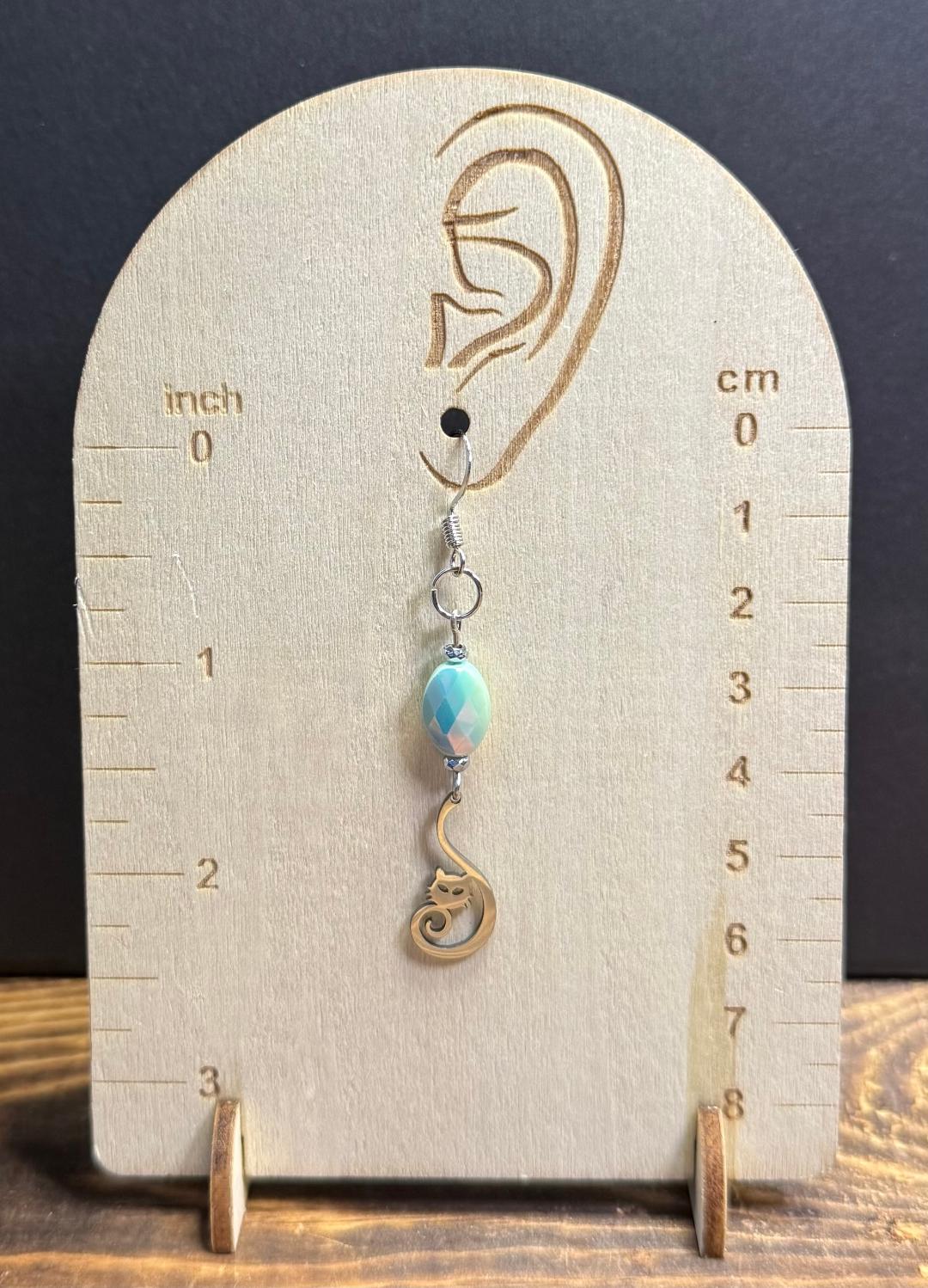 NEW Curled Tail Stainless Steel Cat Charm Earrings w/ Blue Glass Gemcut Beads