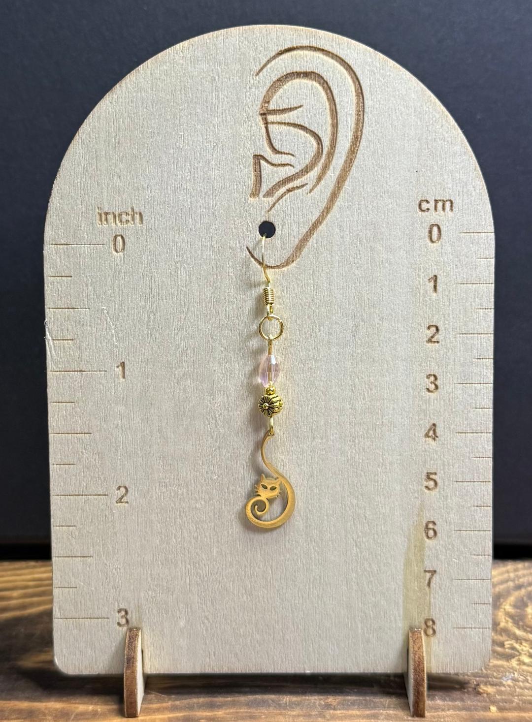 NEW Curled Tail Stainless Steel Cat Charm Earrings w/ Flower & Pale Pink Beads