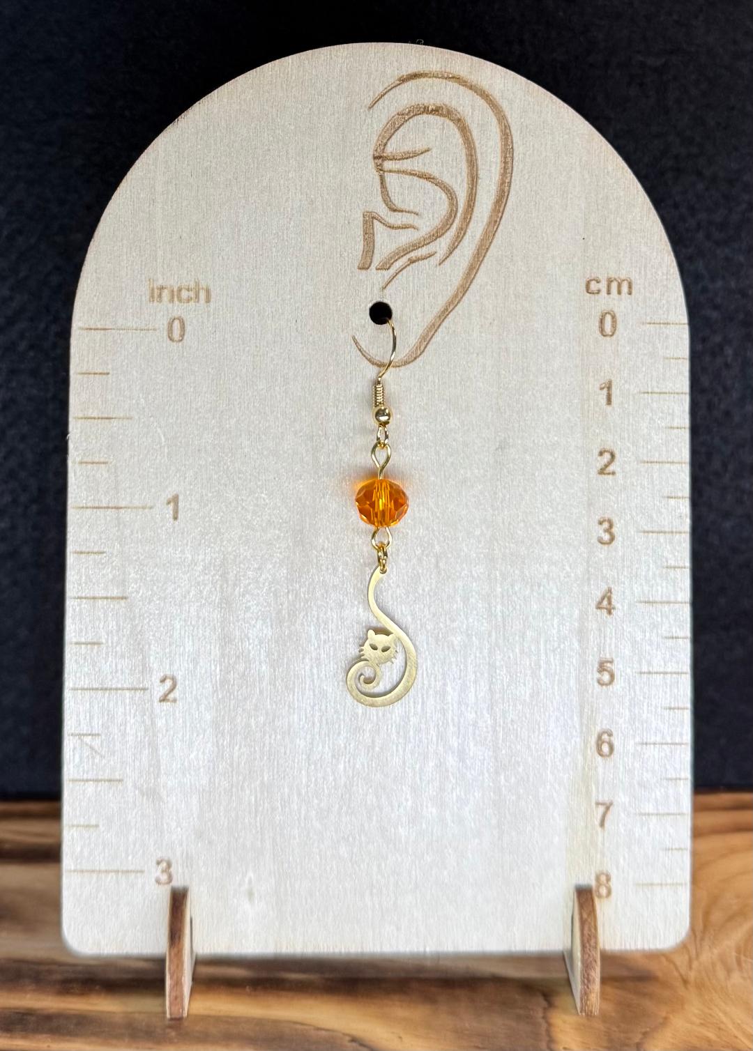 NEW Curled Tail Stainless Steel Cat Charm Earrings w/ Orange Glass Faceted Beads