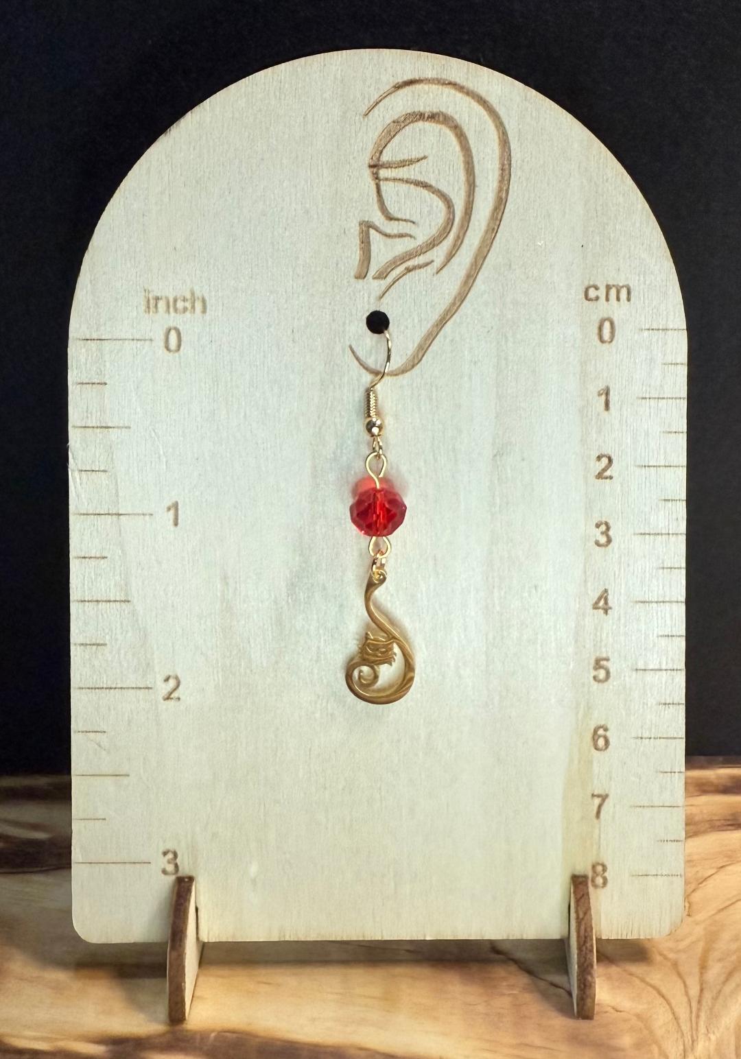 NEW Curled Tail Stainless Steel Cat Charm Earrings w/ Red Glass Faceted Beads