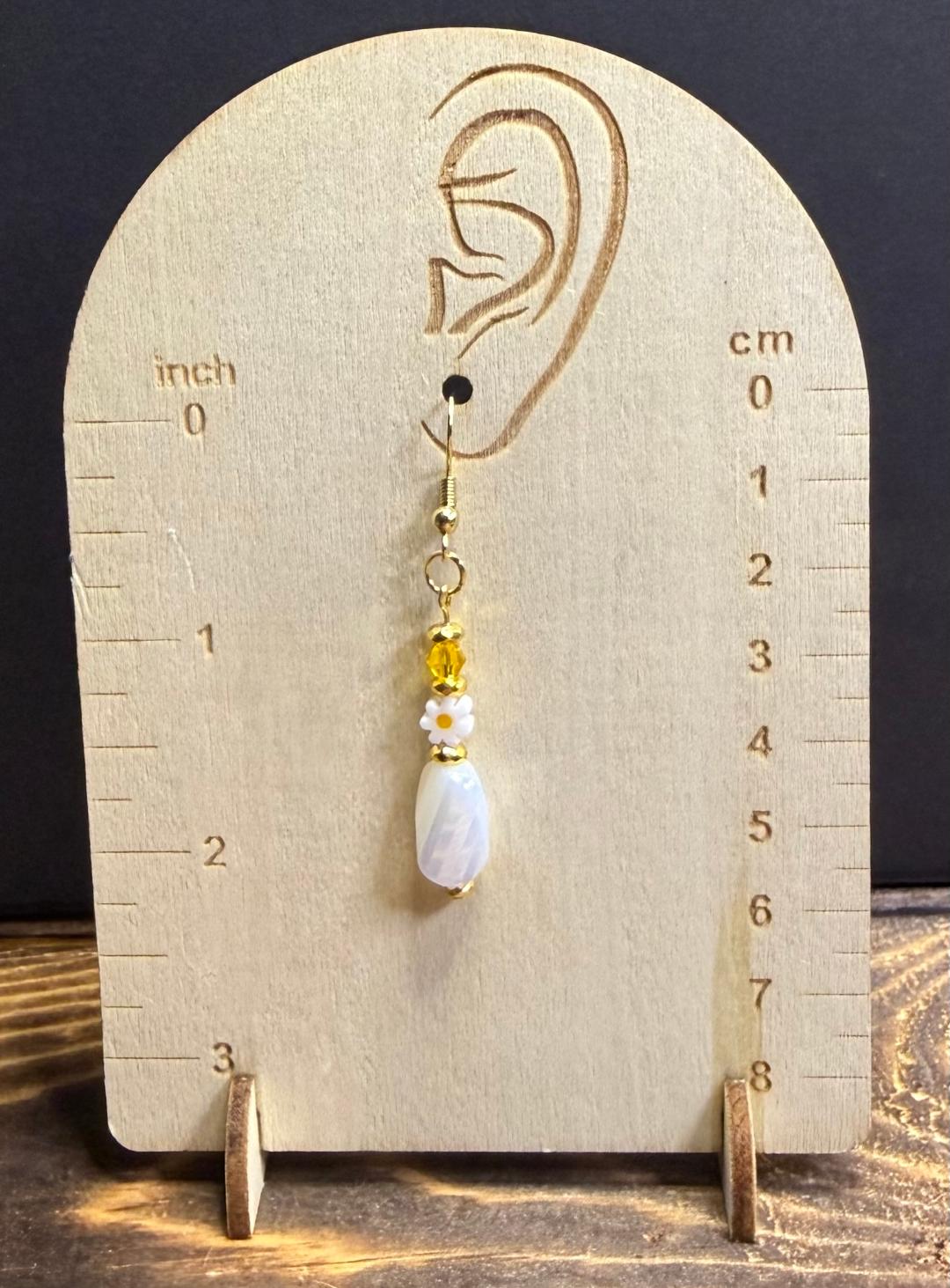 NEW Tiny Daisy Charm Earrings w/ Large White Pearlized Glass Beads