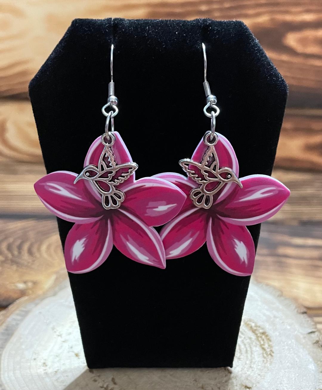 NEW Dark Pink Double Sided Acrylic Flower Earrings w/ Hummingbird Accent Charms