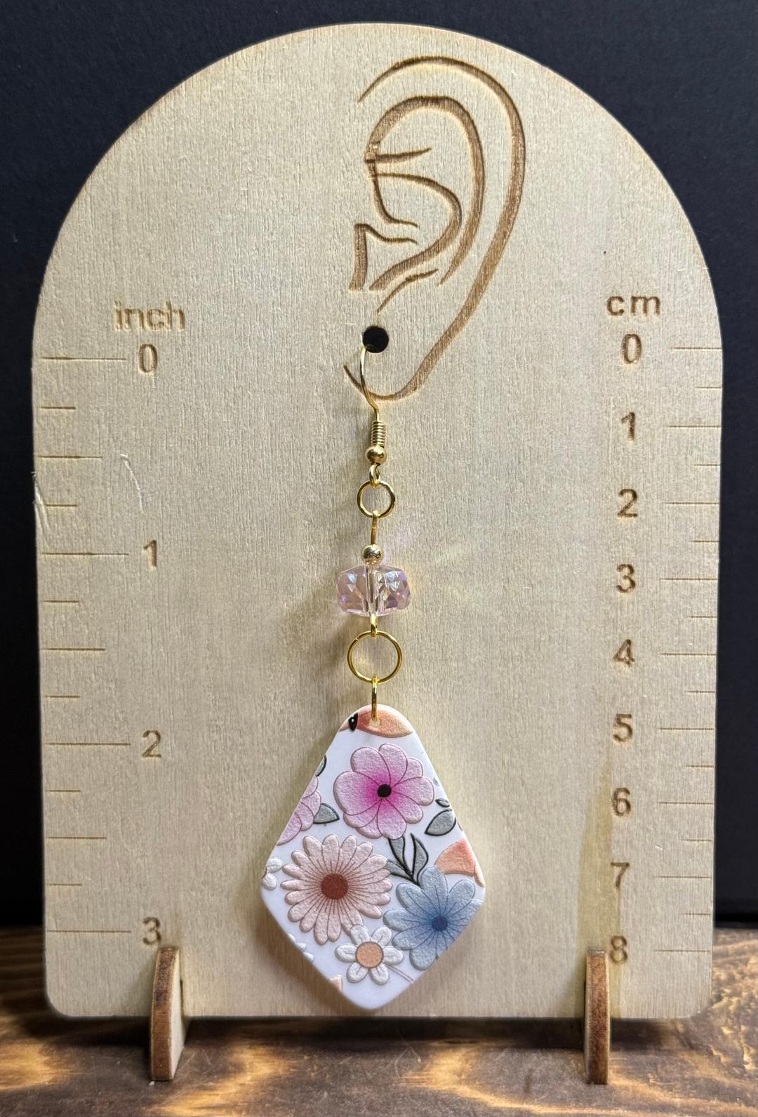 NEW Diamond Shape Floral Charm Earrings w/ Pink Glass Beads