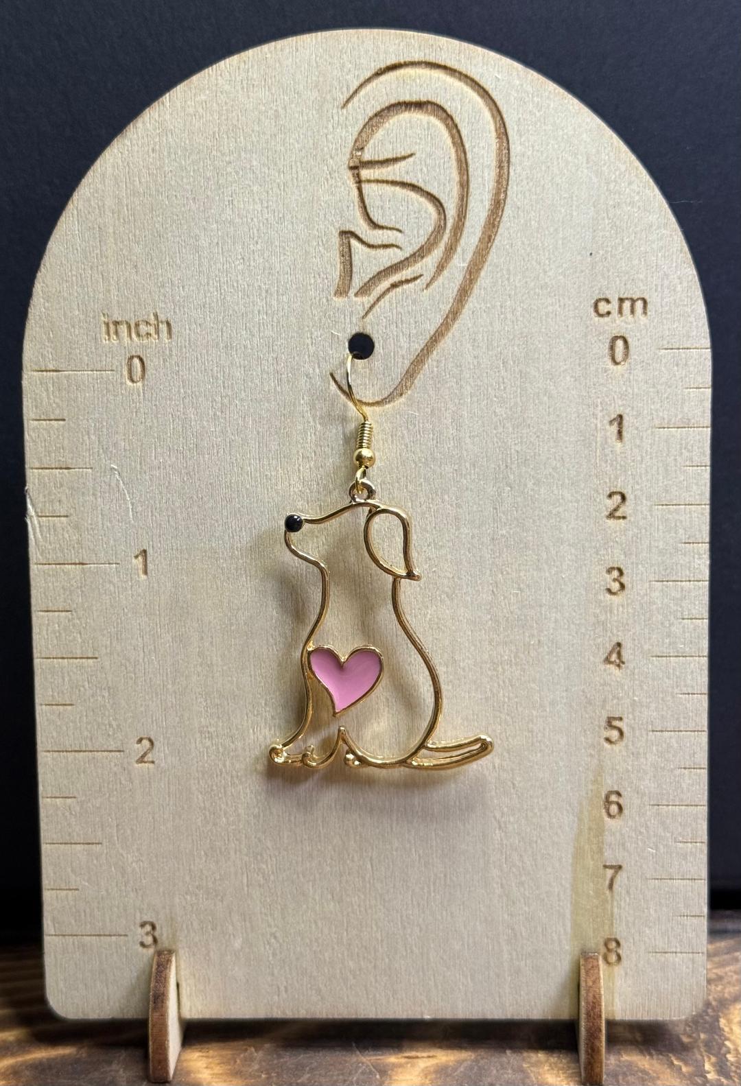 NEW Goldtone Large Dog Outline Earrings w/ Pink Heart Center