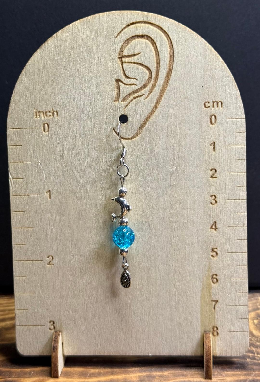 NEW Sea Life Dolphin Earrings w/ Aqua Blue Glass Crackle Beads