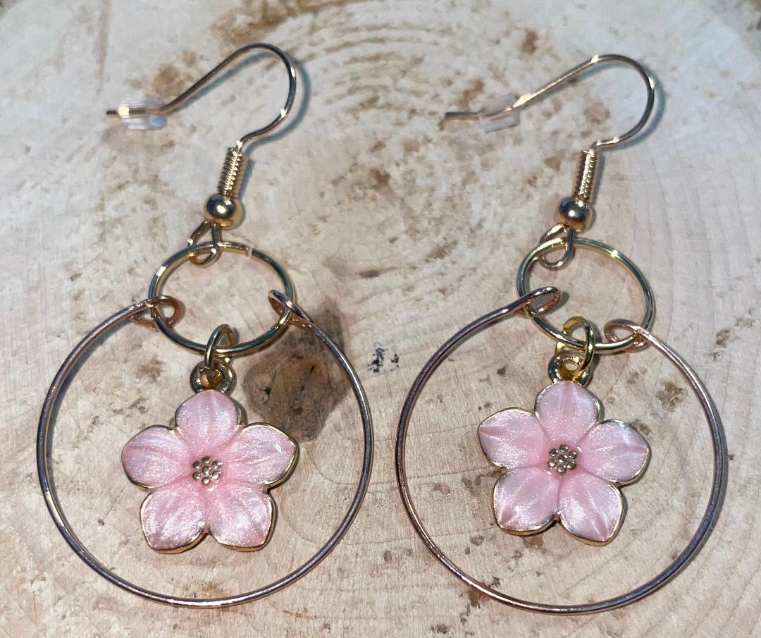 NEW Double Hoop Earrings w/ Pink Blossom Flower