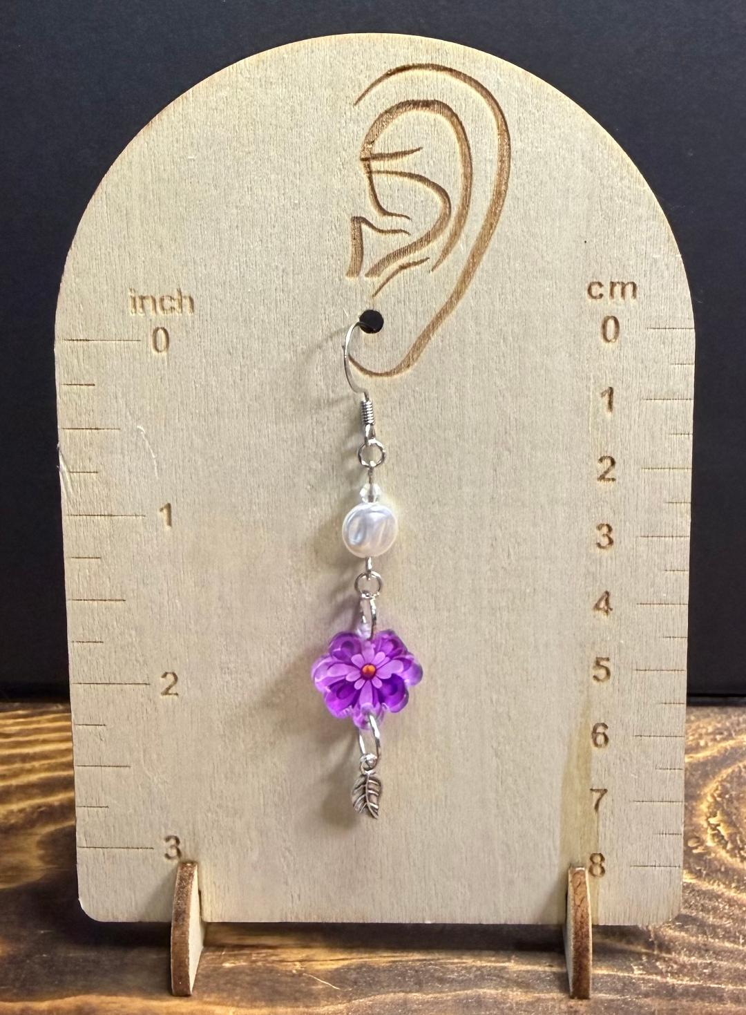 NEW Vibrant Double Sided Acrylic Purple Flower Earrings w/ Pearlescent Beads