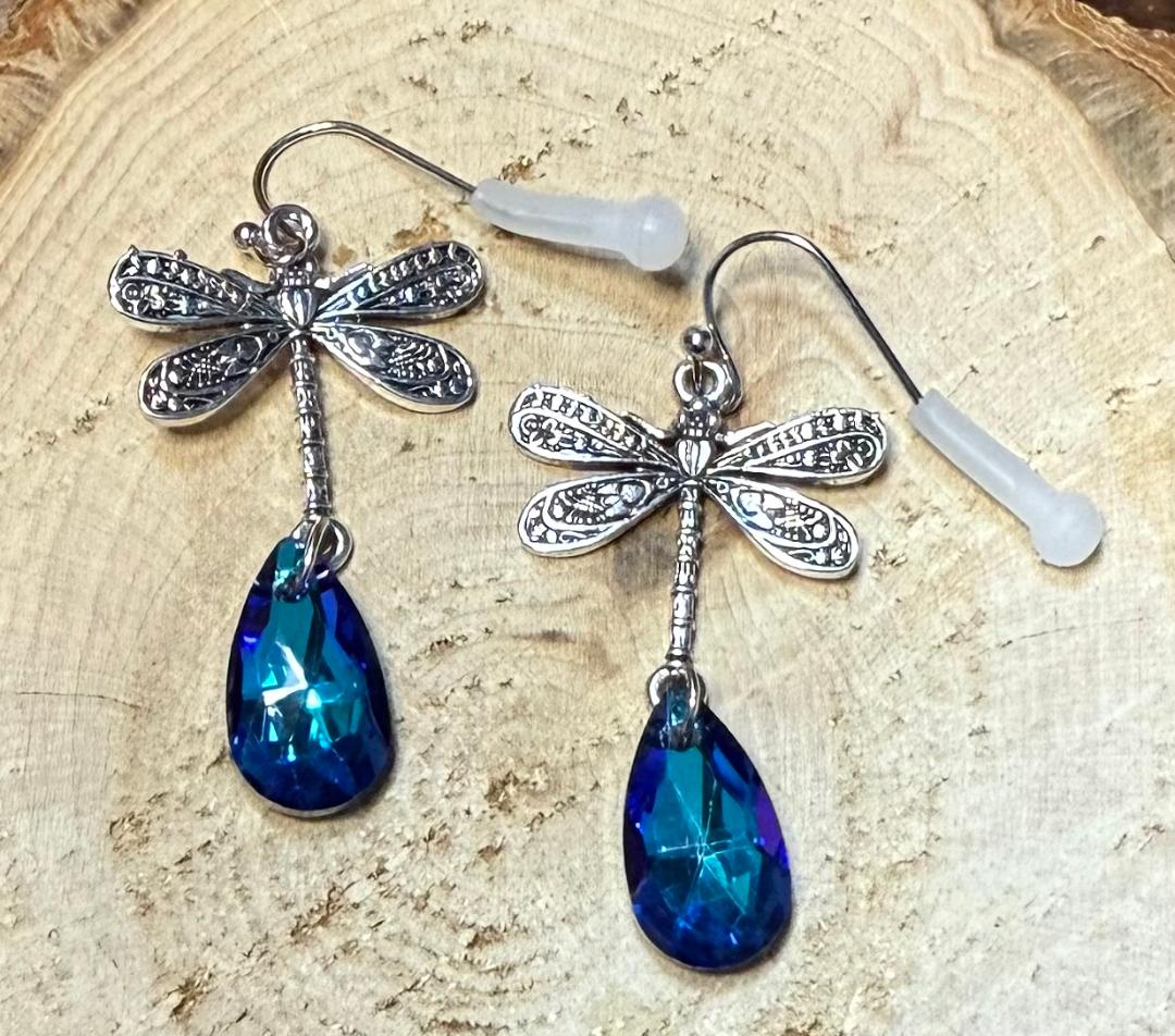 NEW Boho Dragonfly Charm Earrings w/ Vivid Blue Teardrop Acrylic Gems