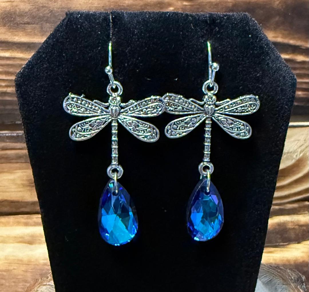 NEW Boho Dragonfly Charm Earrings w/ Vivid Blue Teardrop Acrylic Gems