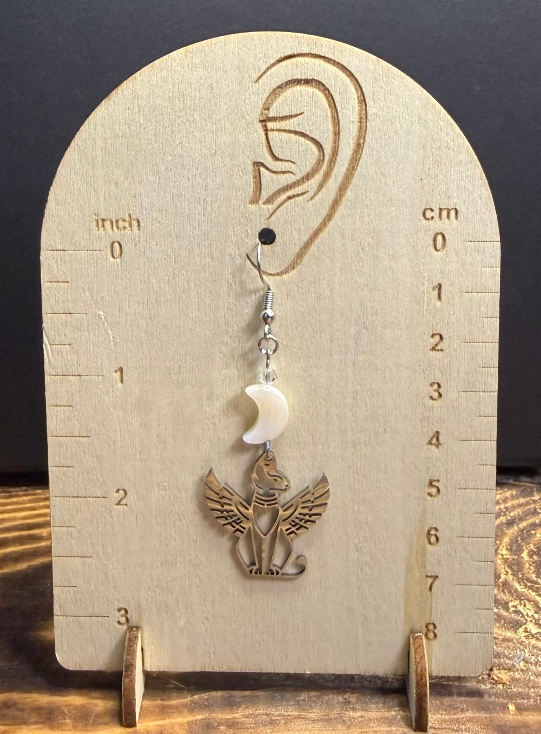 NEW Egyptian Cat Bastet Silver Stainless Steel Earrings w/ Shell Moon Charms