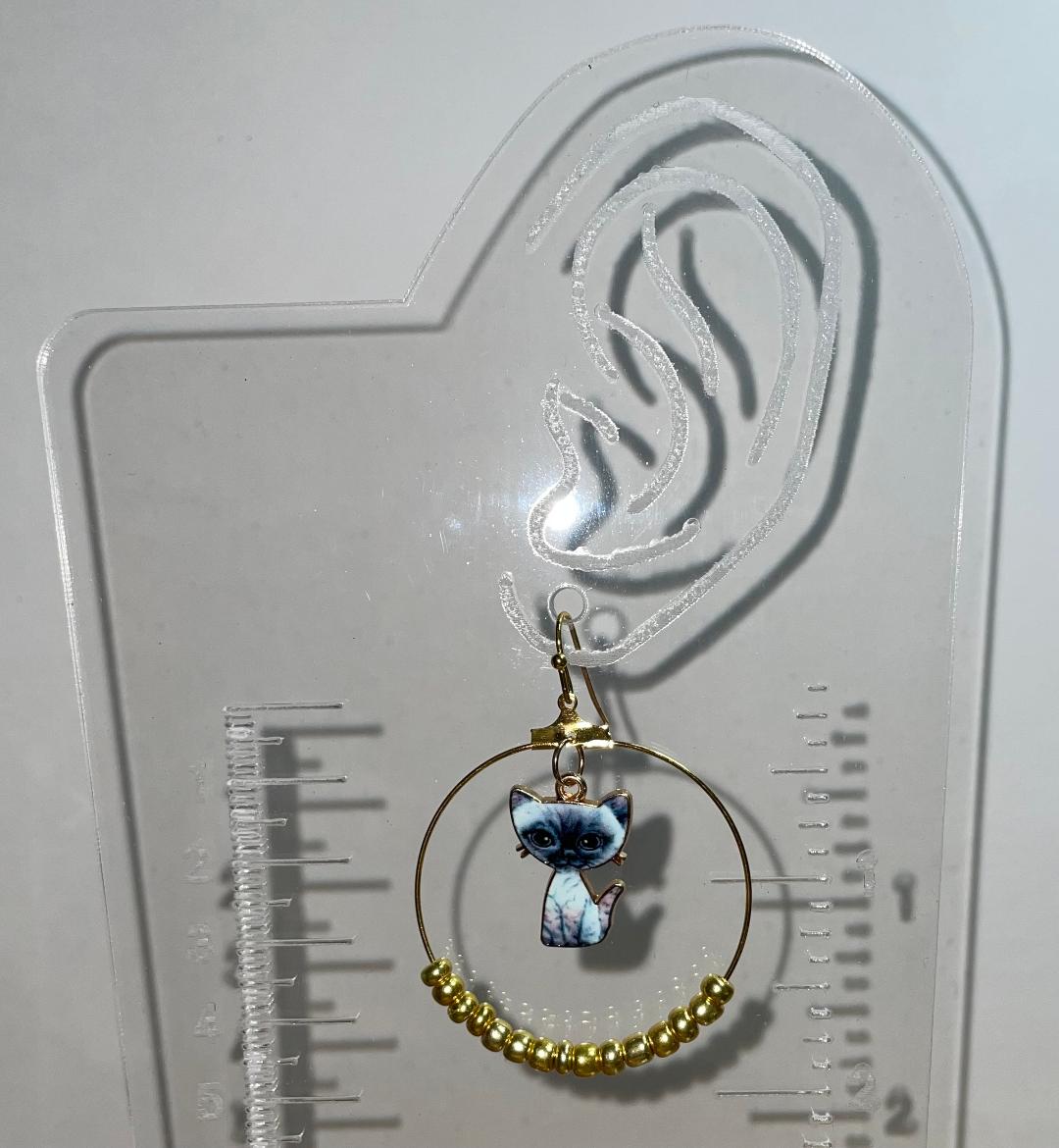 NEW Gold Tone Hoop Earrings w/ Enamel Kitty Cat & Beading
