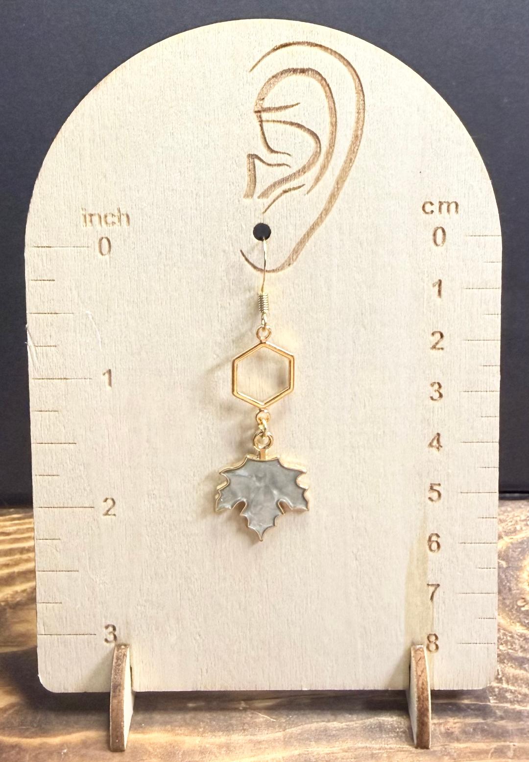 NEW Gray Enamel Front Maple Leaf Earrings w/ Geometric Charms