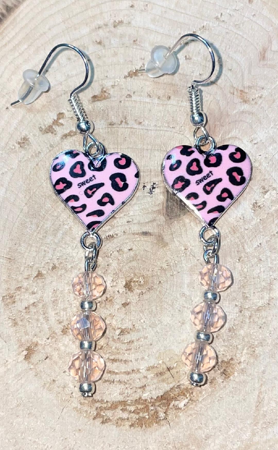 NEW Pink Leopard Enamel Heart w/ Pastel Pink Beads Dangle Drop Earrings