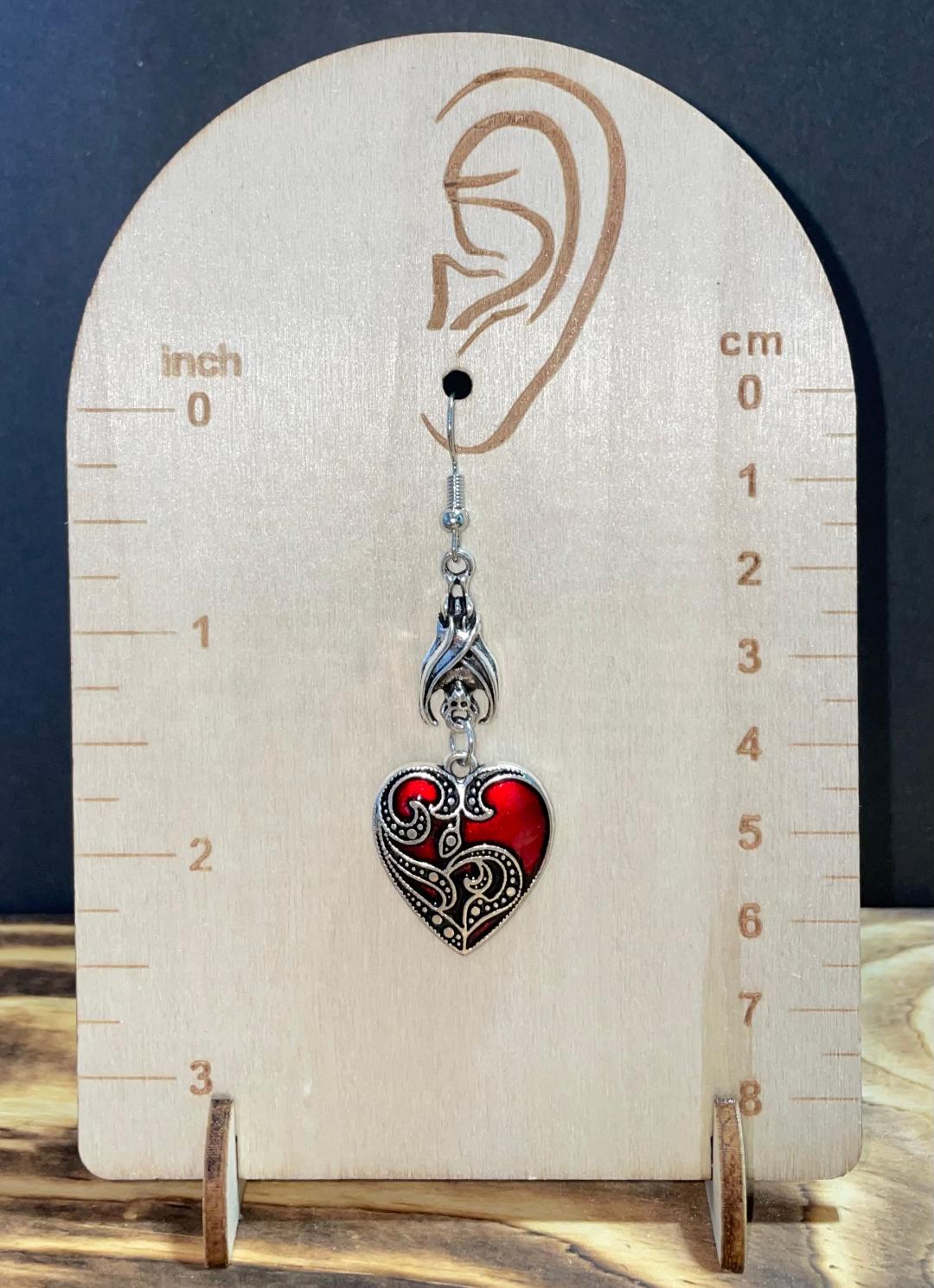 NEW Goth Red Enamel Heart & Bat Earrings