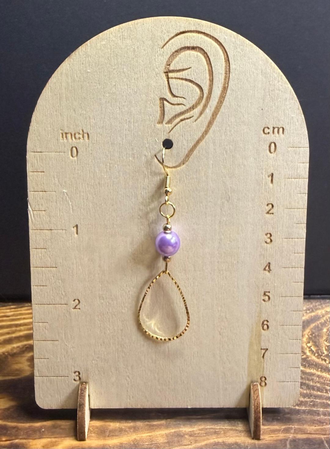 NEW Etched Gold Stainless Steel Teardrop Earrings w/ Plated Purple Glass Beads