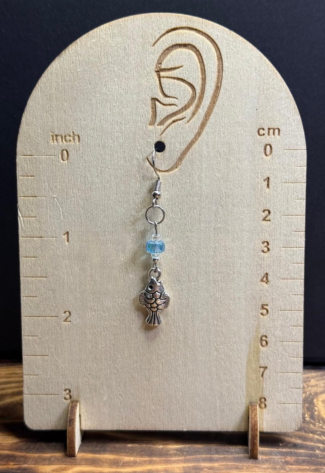 NEW Etched Silver Alloy Fish Earrings w/ Pastel Teal Blue Beads