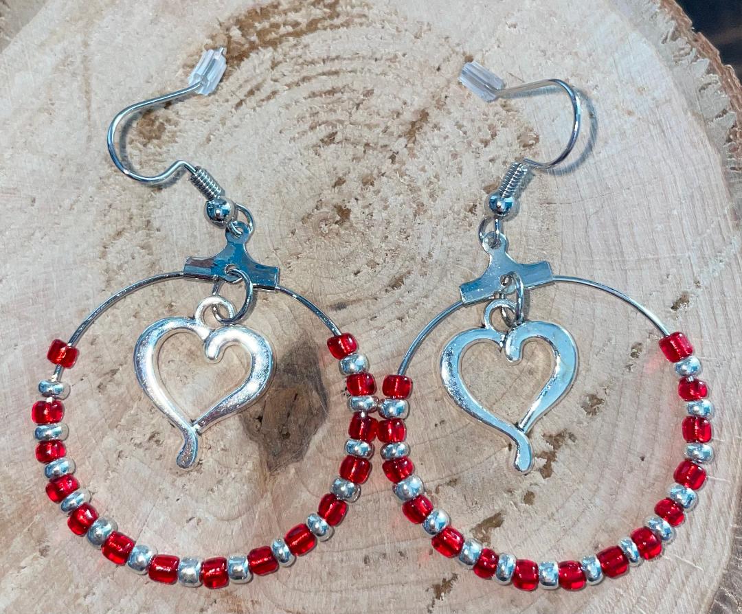 NEW Romantic Heart Red Beads Hoop Drop Dangle Earrings