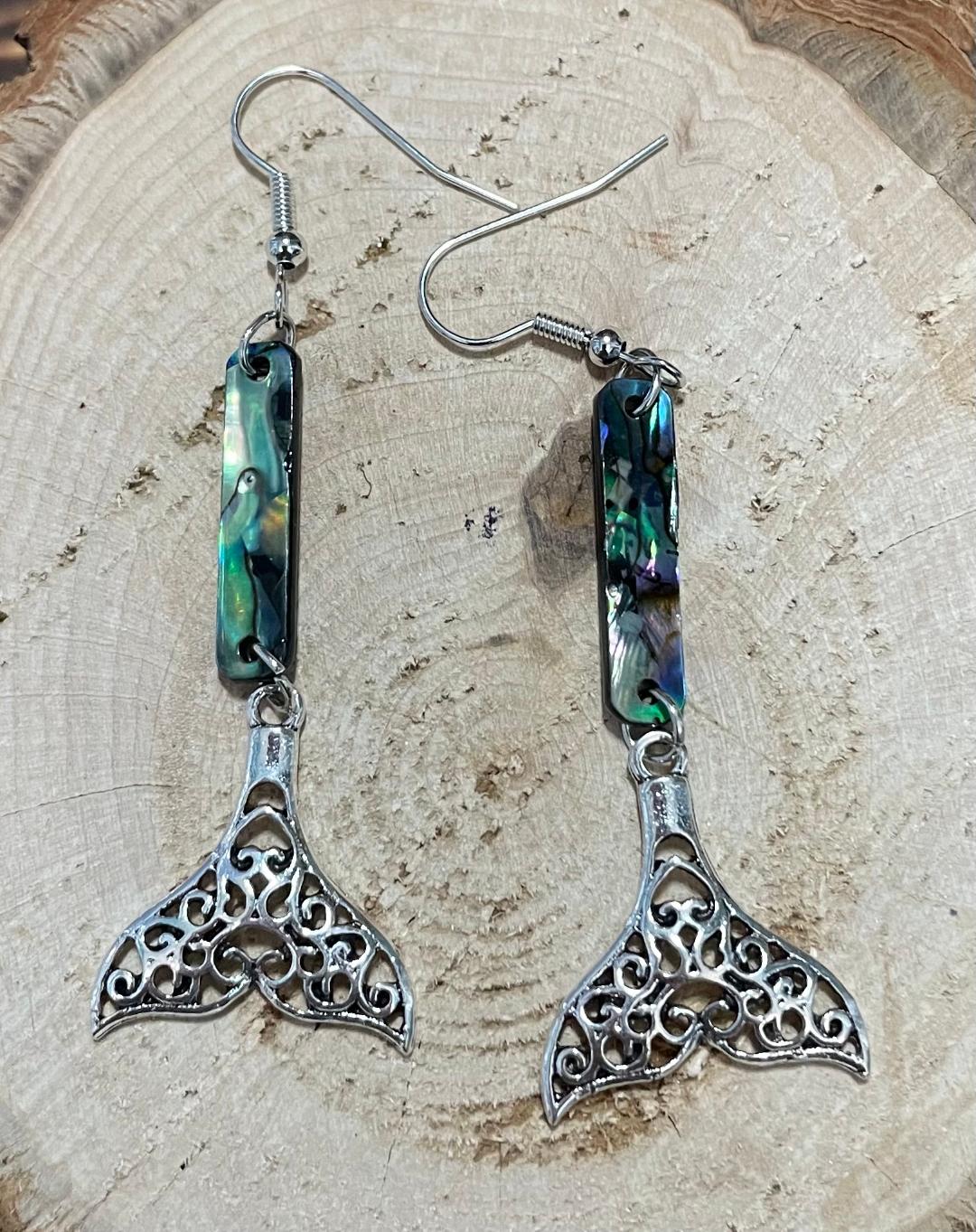 NEW Filigree Silver Tone Earrings Mermaid Fish Tail w/ Abalone Style Charm