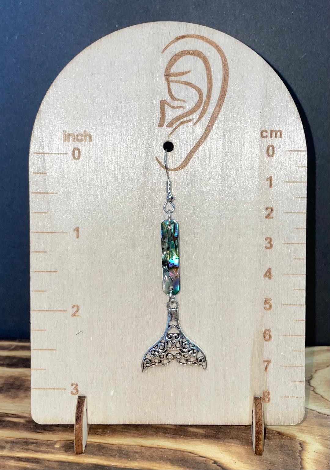 NEW Filigree Silver Tone Earrings Mermaid Fish Tail w/ Abalone Style Charm