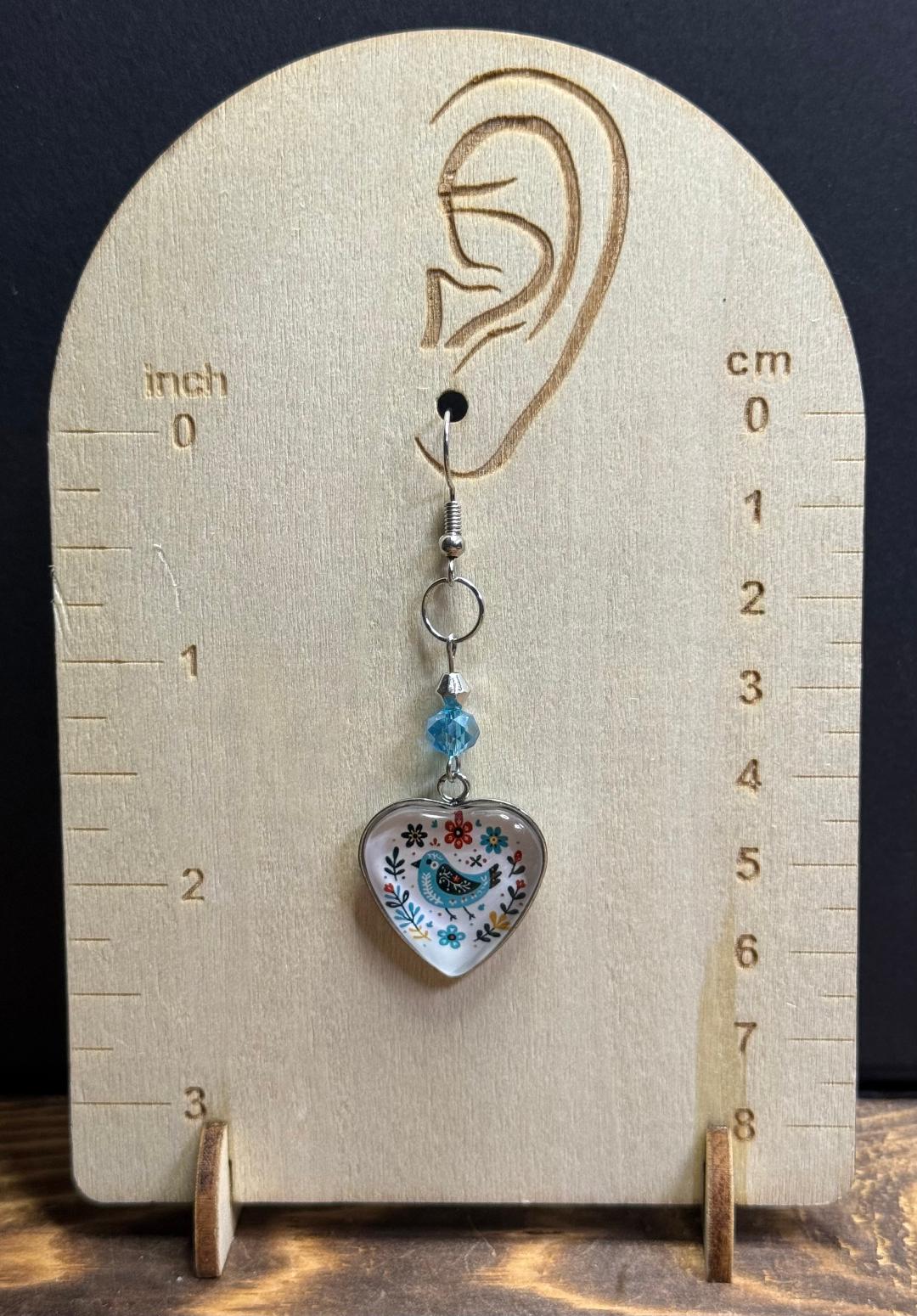 NEW Glass Front Heart Folk Art Blue Bird Earrings w/ Glass Beads