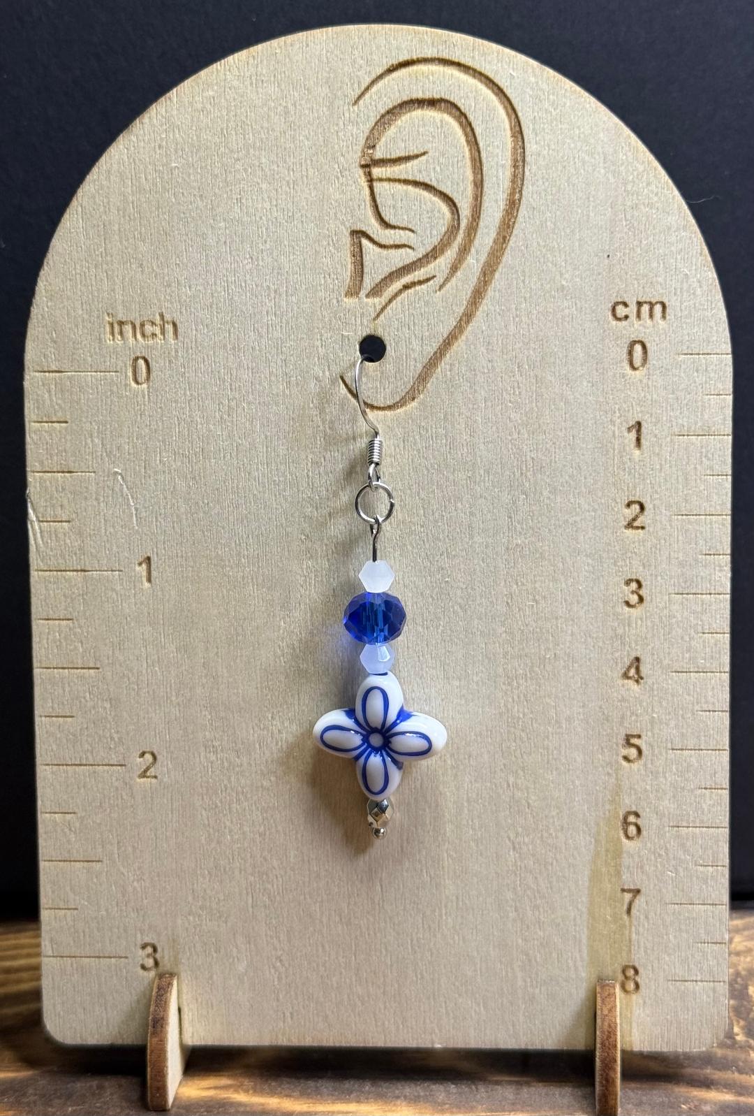 NEW Charming Four Petal Blue Flower Earrings w/ Matching Glass Beads