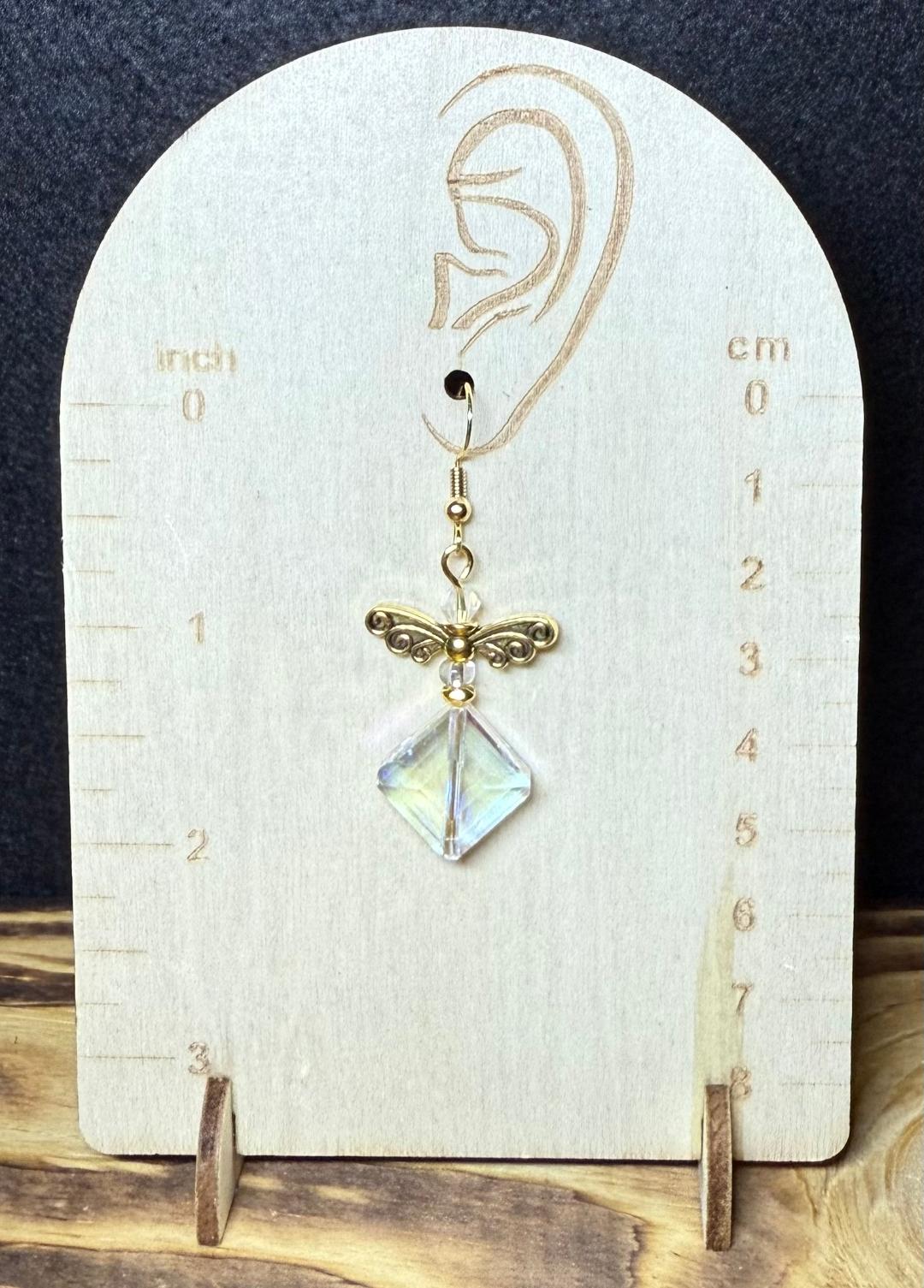 NEW Gemcut Glass Diamond Shape Earrings w/ Wing Charms