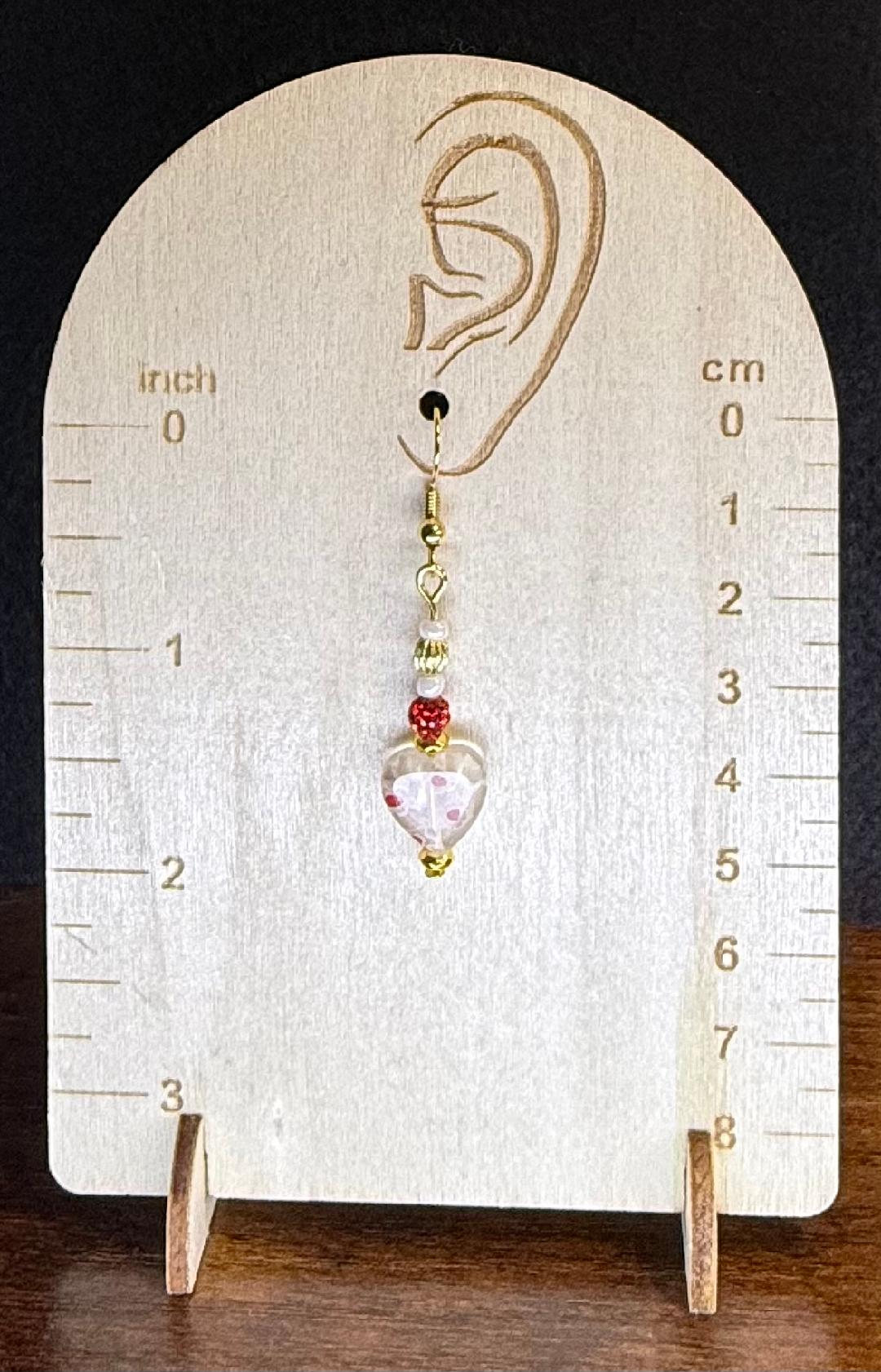 NEW Glass Heart Earrings w/ Red Sparkling Beads