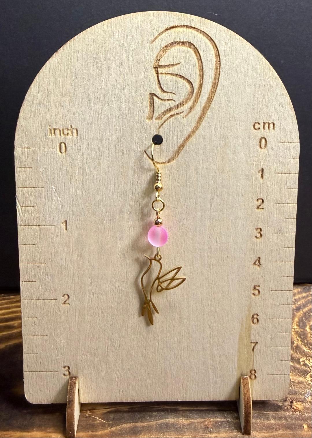 NEW Hollow Gold Stainless Steel Bird in Flight Earrings w/ Pink Bead
